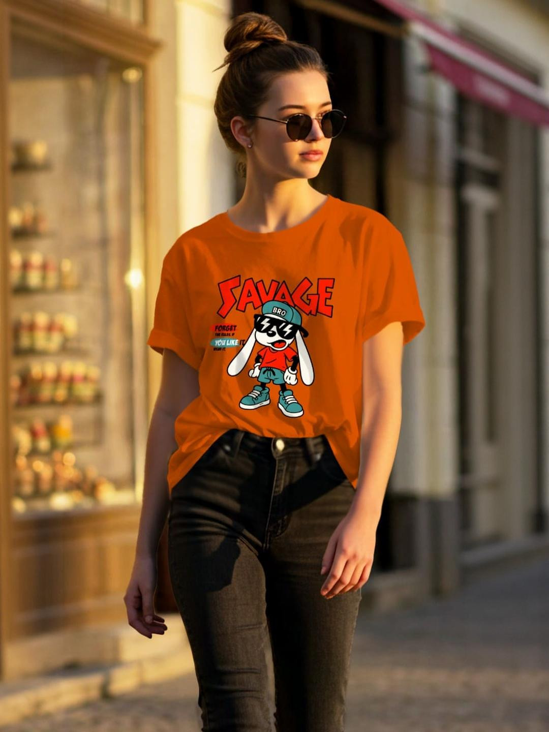Dagcros Kids Girls Orange Oversized Graphic T-Shirt