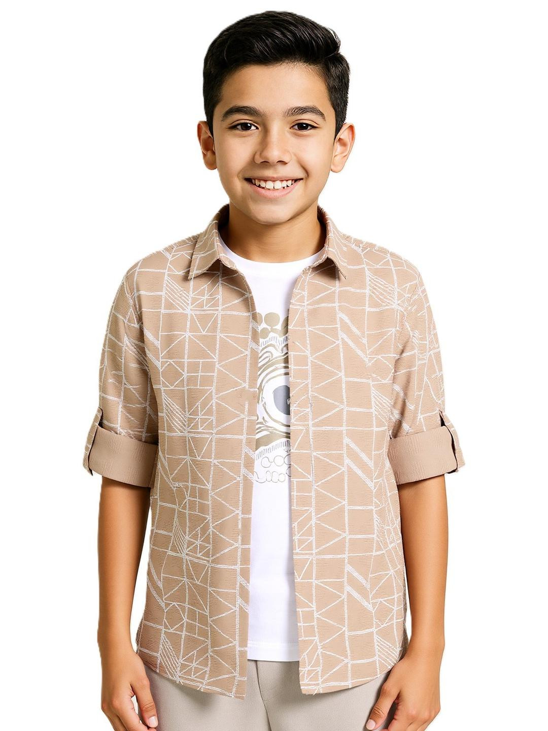 CAVIO Boys Cream Comfort Spread Collar Cotton Printed Full Sleeve Casual Shirt