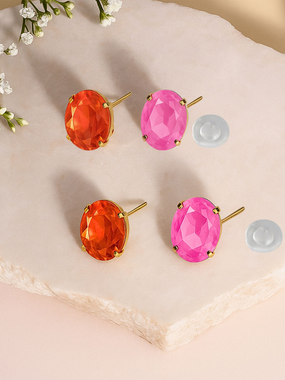 MANSIYAORANGE Set Of 2 Gold-Plated Crystals Studded Korean Oval Shaped Studs