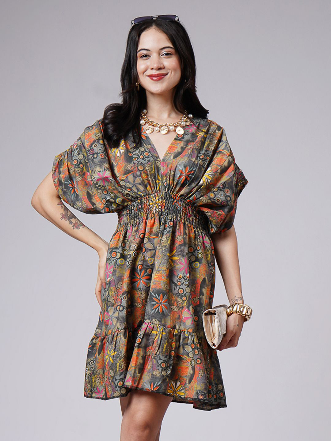 ADDYVERO Women Floral Printed Mocha Mauve Slit Sleeve Fit & Flare Dress