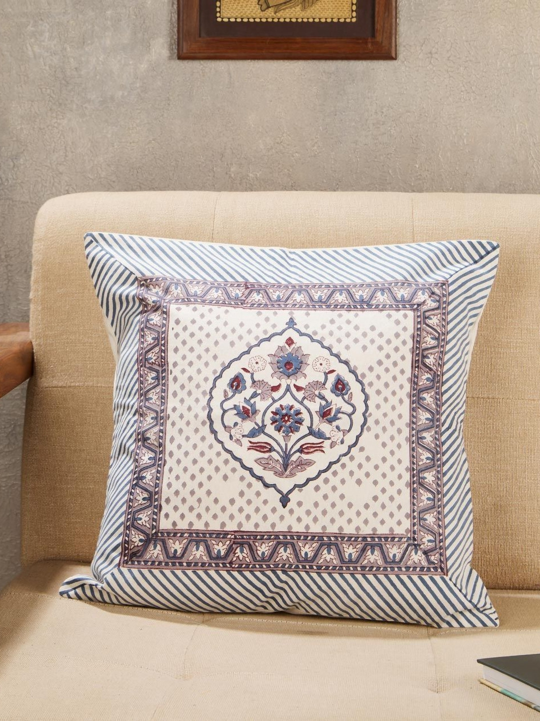 Fabindia Jamuni White & Blue Ethnic Motifs Cotton Square Cushion Cover