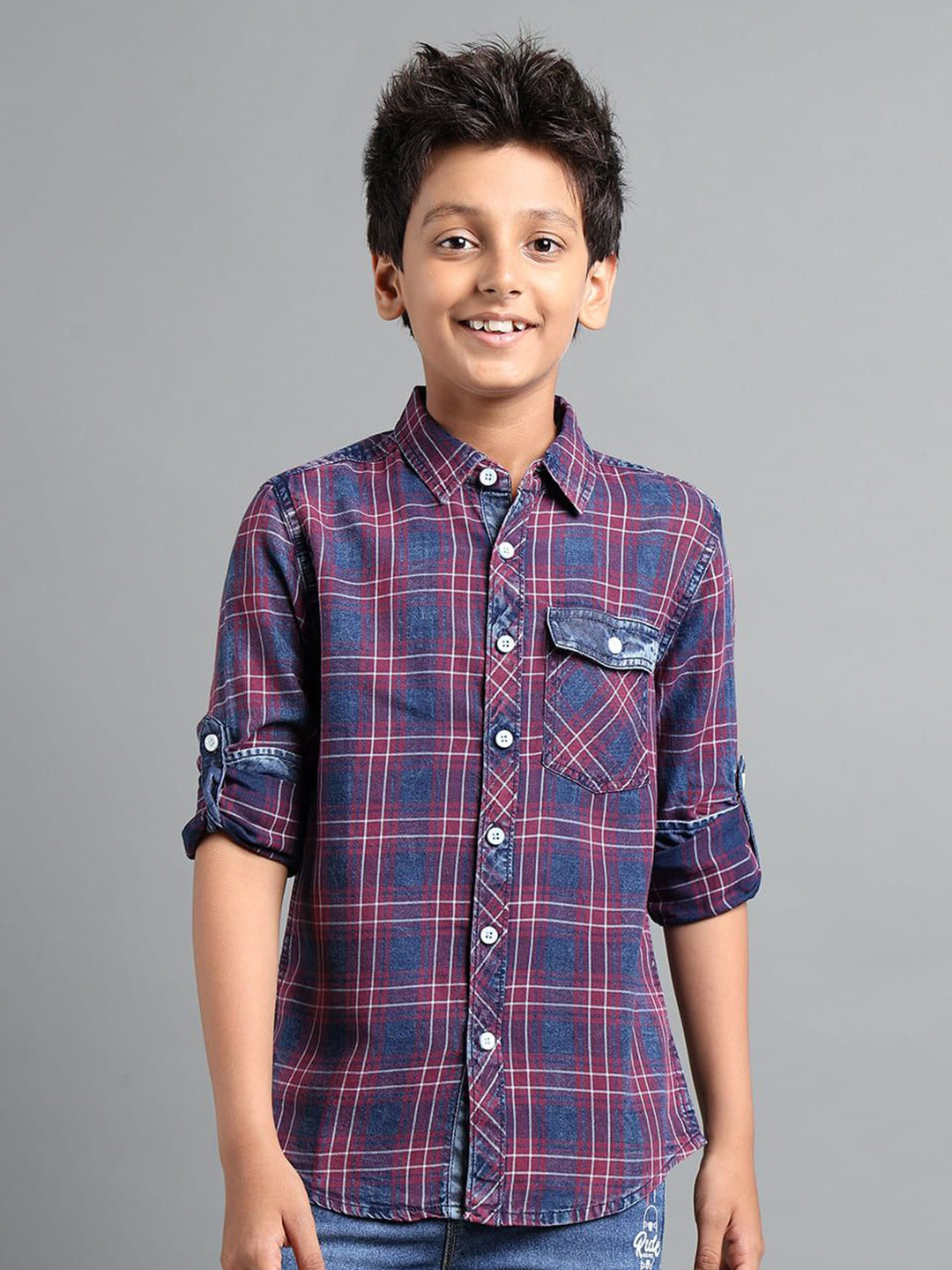 UNDER FOURTEEN ONLY Boys Tartan Checks Checked Spread Collar Cotton Shirt