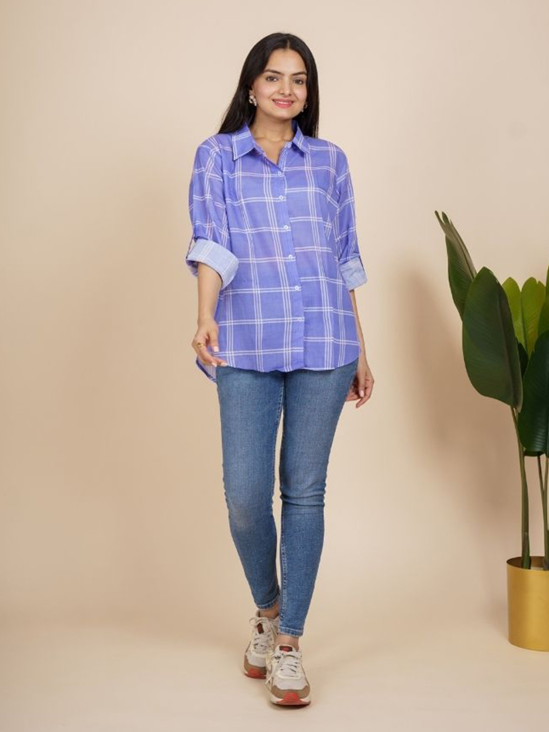 EKISHA Relaxed Tartan Checks Striped Spread Collar Pure Cotton Shirt