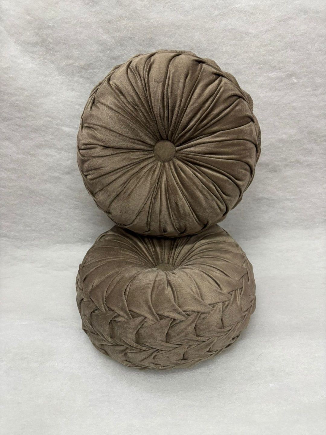 Myntra Elegant Homes 2Pcs Beige Textured Velvet Pumpking Round Shaped Pre-Filled Cushions