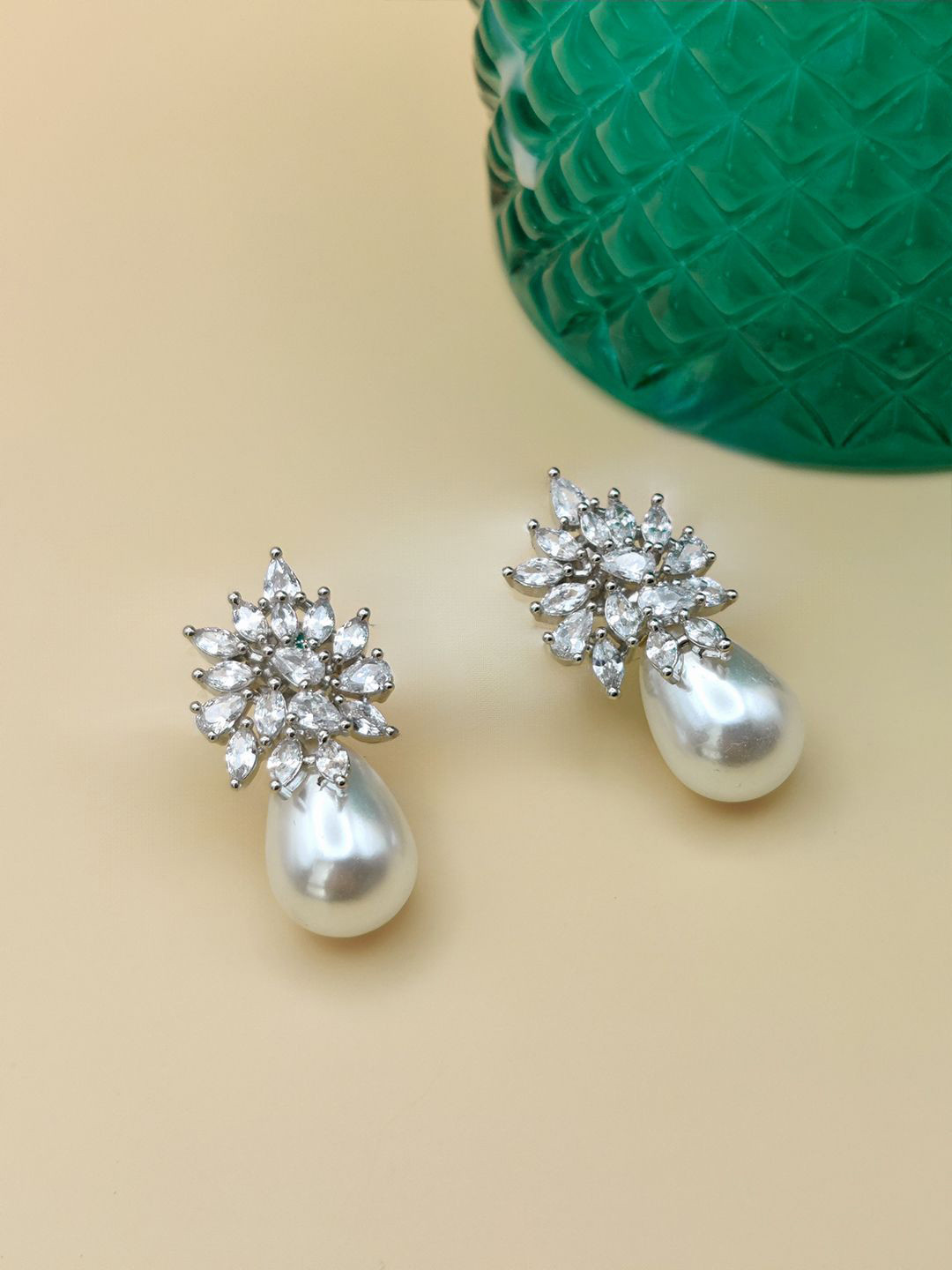 Ruh By Ruchi Tandon Rhodium-Plated Zircon Studded & Pearls Beaded Teardrop Drop Earrings