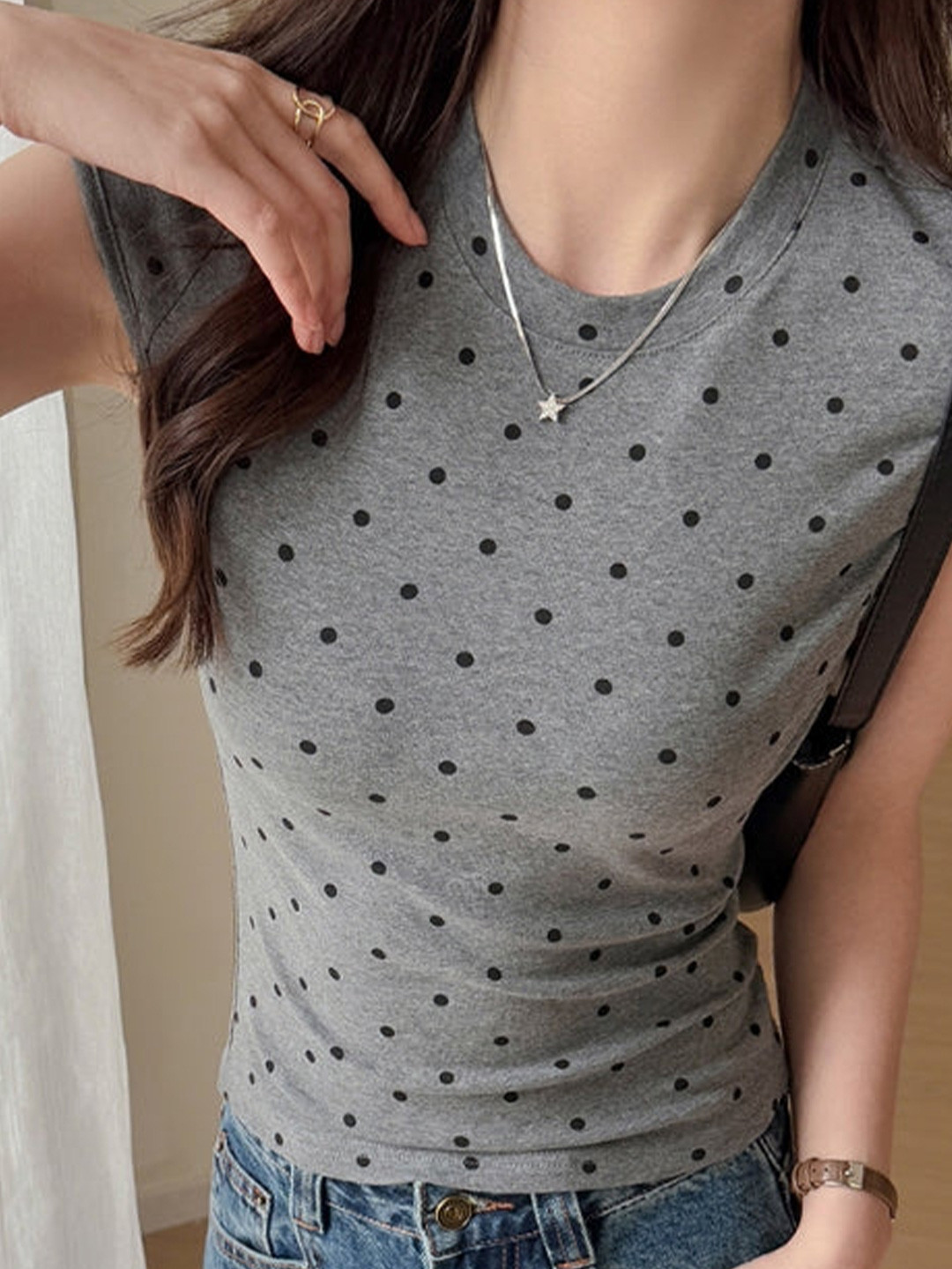 Outzidr Polka Dot Cap Sleeves Crew Neck T-Shirt