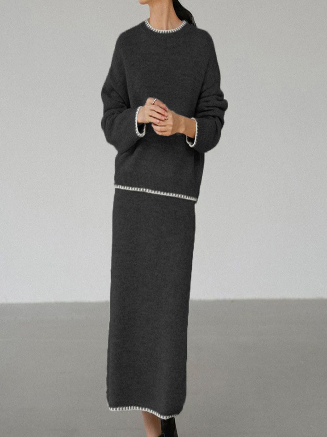 bebe Knitted Round-Neck Sweater With Midi Skirt Co-Ords