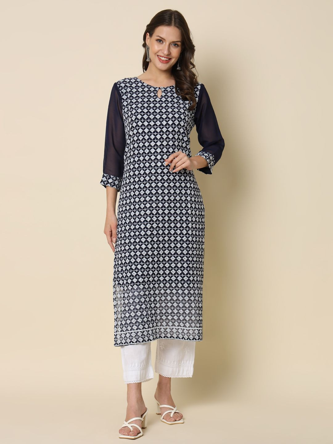 VredeVogel Ethnic Motifs Embroidered Chikankari Georgette Straight Kurta