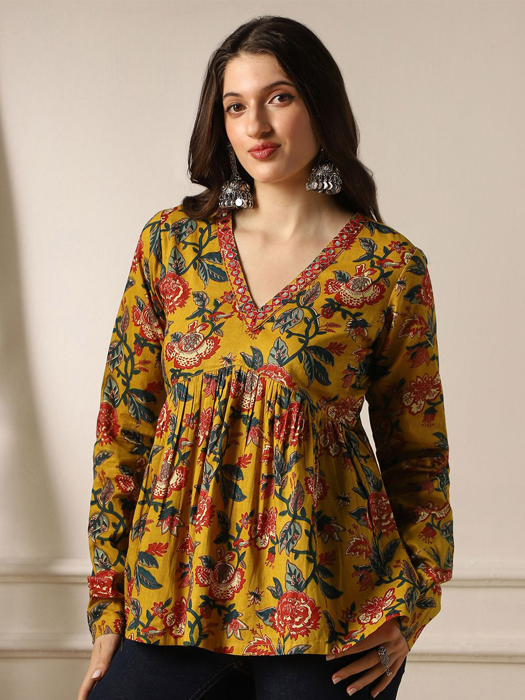 Globus Women Mustard Embroidered & Mirror Work Detail V-Neck A-Line Aliya Cut Tunic