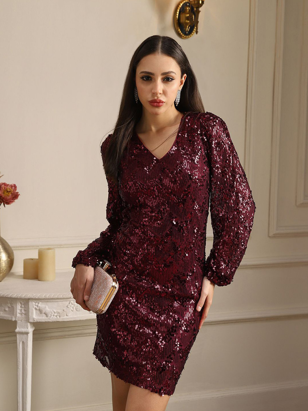 Globus Women Embellished Bishop Sleeve Bodycon Mini Dress