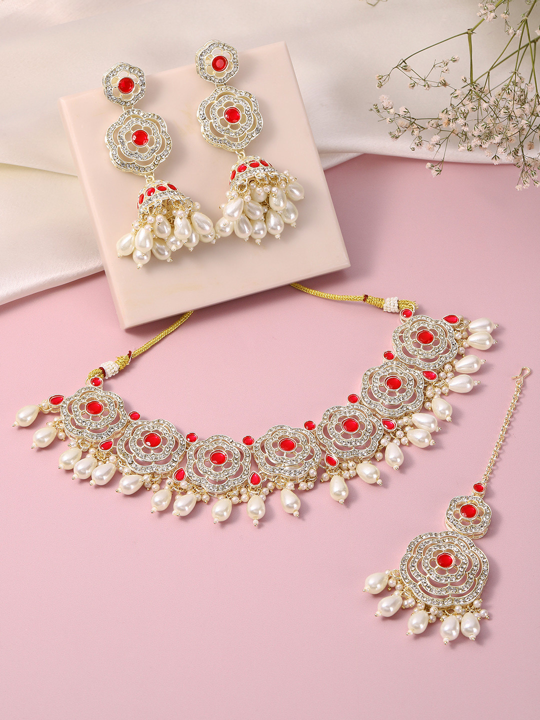 Peora Gold Plated Rani Pink Faux Ruby CZ & Beads Studded Necklace Set