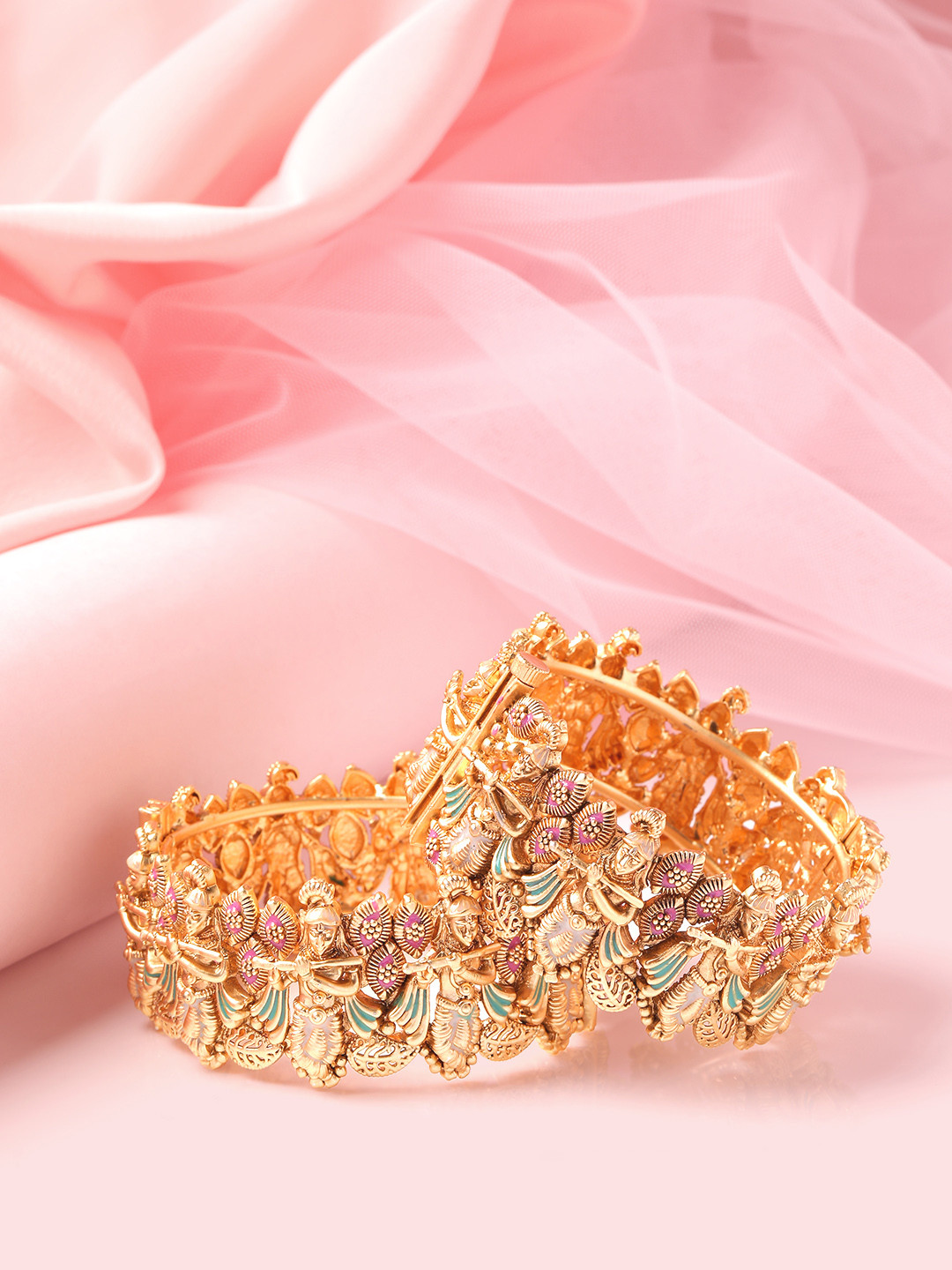Panini jewels Set Of 2 Gold-Plated Stone-Studded & Beaded Krishna Themed Designer Bangles