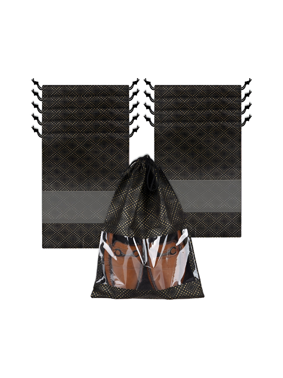Aura Black & Beige 10 Pieces Printed Shoe Bags With Transparent Windows