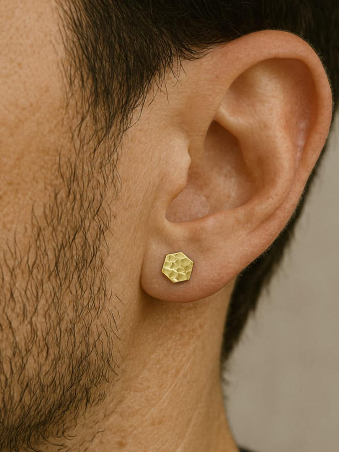Roadster Men Golden Brass Textured Hexagon Single Stud Earring