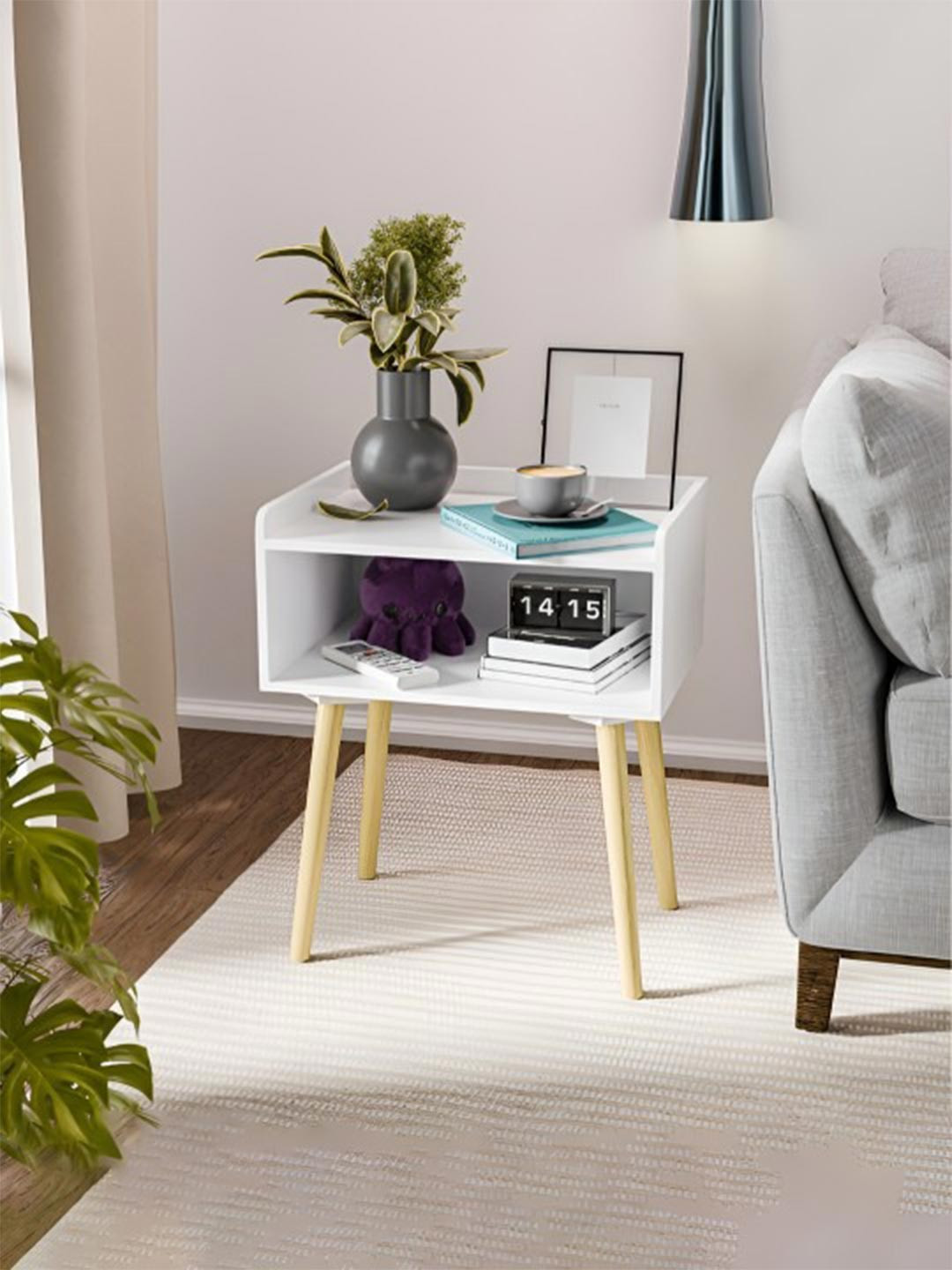 Kuber Industries White & Beige Wooden Bedside Table