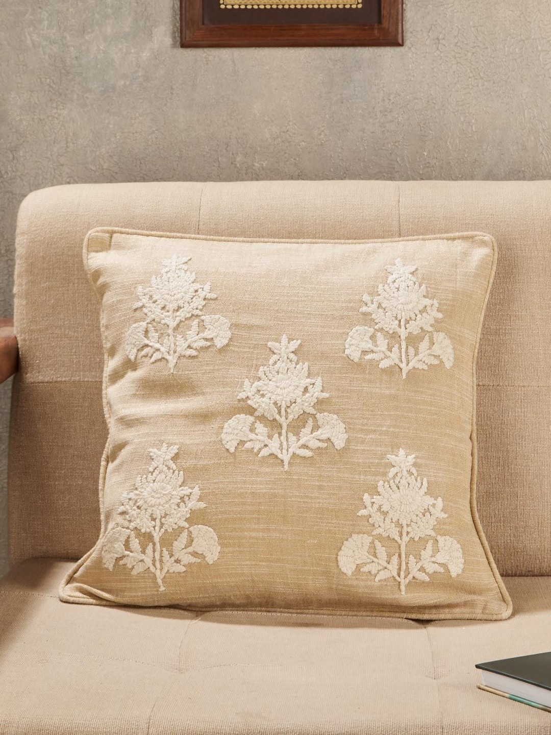 Fabindia Zara Beige & White Embroidered Cotton Square Cushion Cover