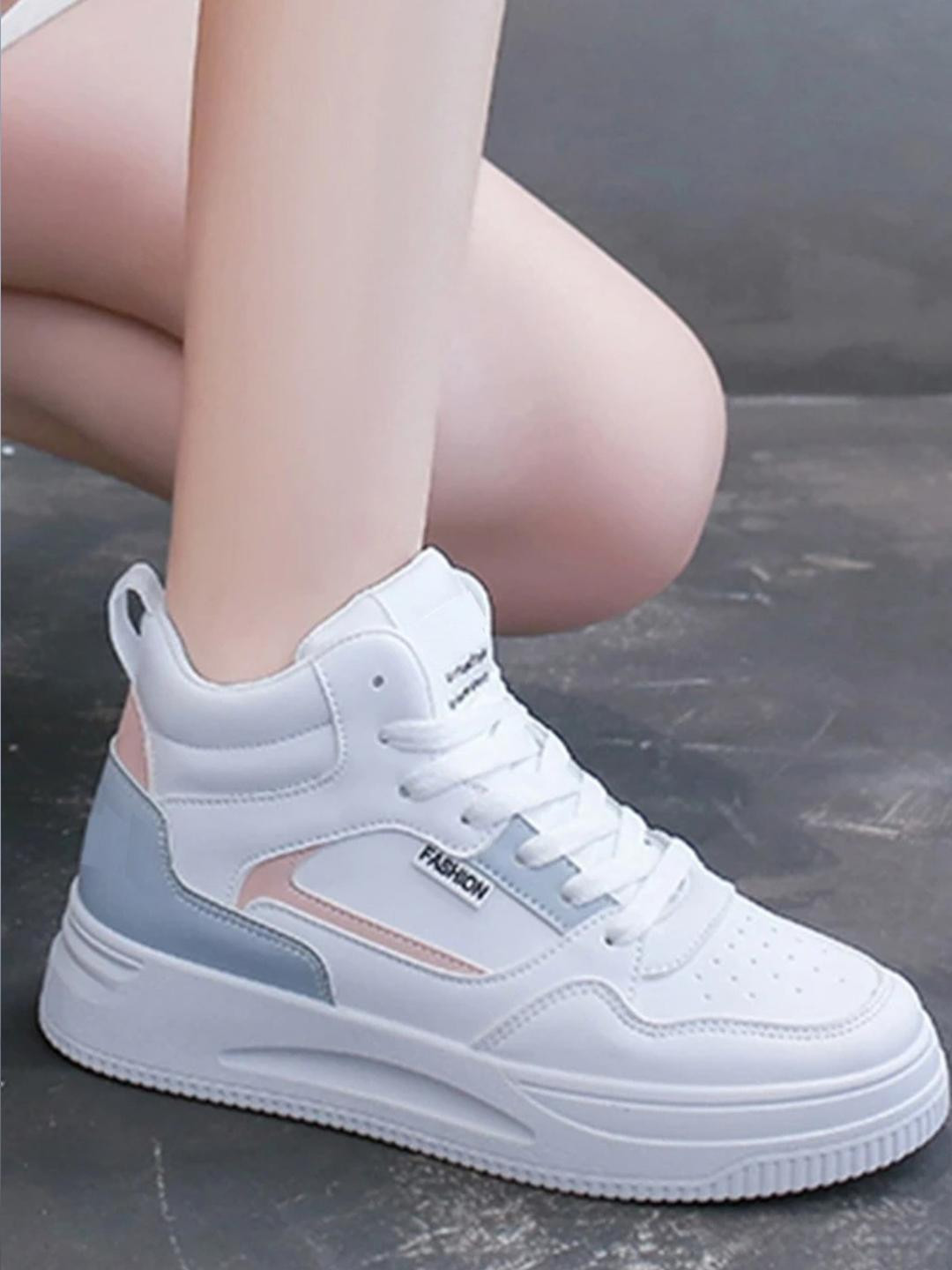 Shozie Women White & Blue High-Top Fashion Sneakers
