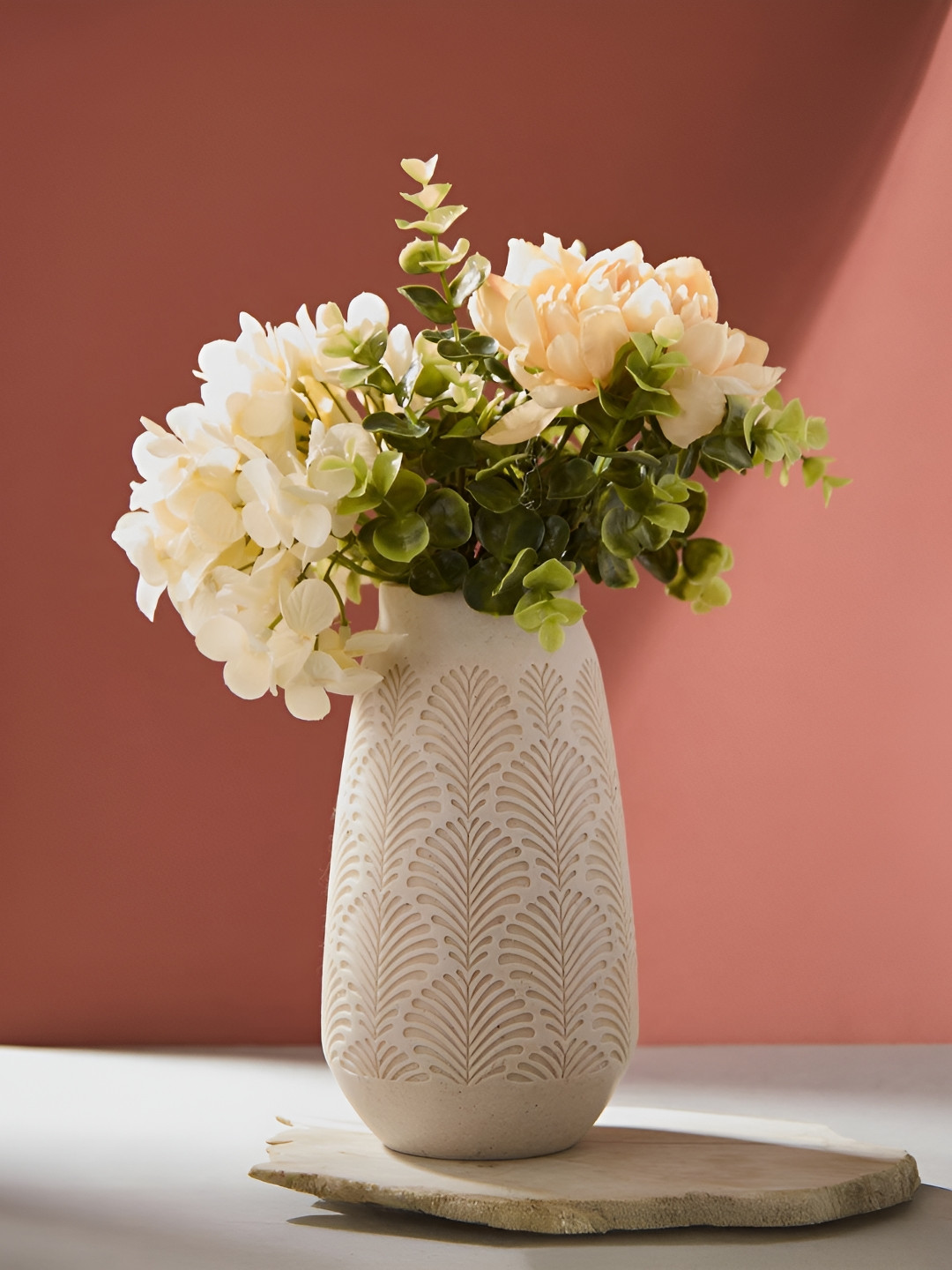 Fabindia White & Brown Textured Stone Bud Table Vase