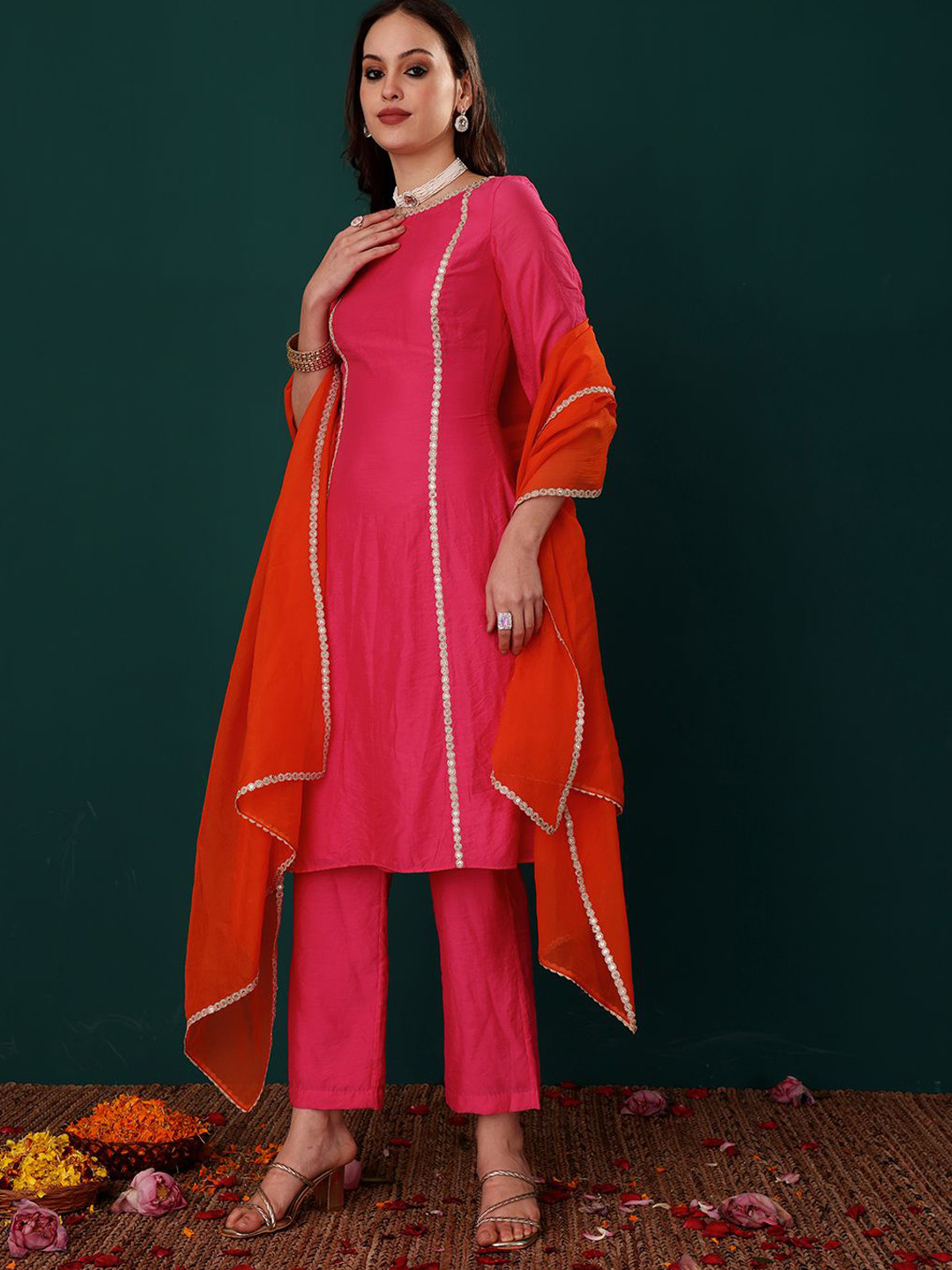 SILCHIC Self Design Boat Neck A-Line Kurta With Trousers & Dupatta