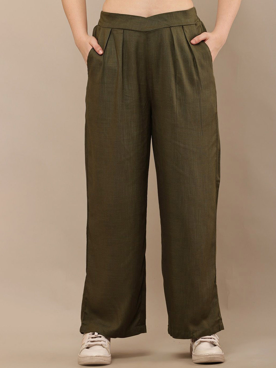 CLOTHINK INDIA Women Textured Relaxed Fit Pleated Cotton Trousers