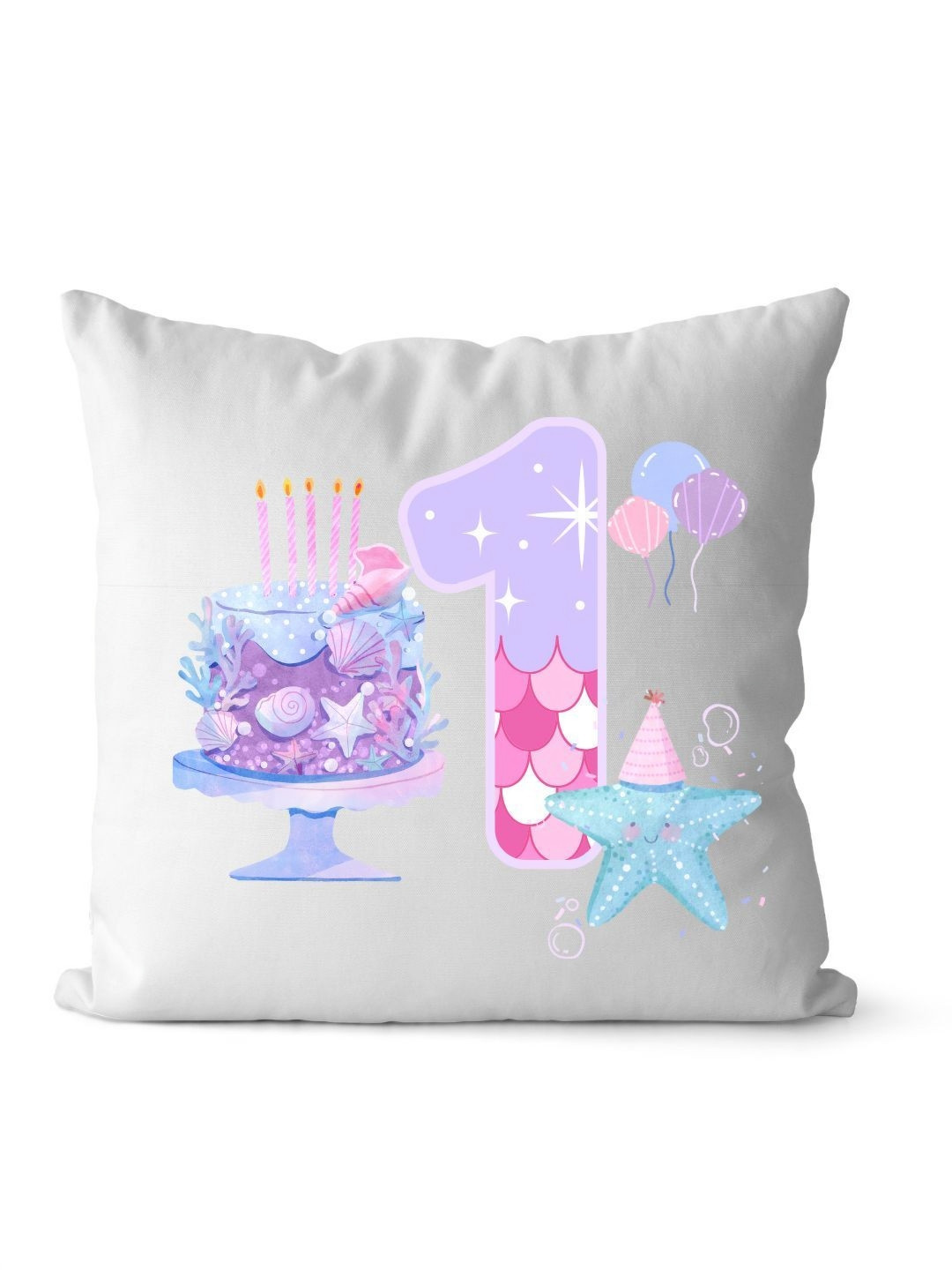 Loops n knots White & Purple Cute 1st Birthday With Cake Printed Pre-Filled Cushion