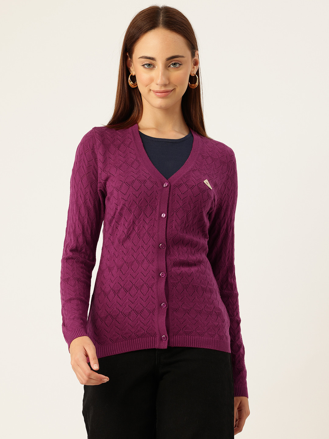 Monte Carlo Geometric Self-Design V-Neck Button-Down Cardigan