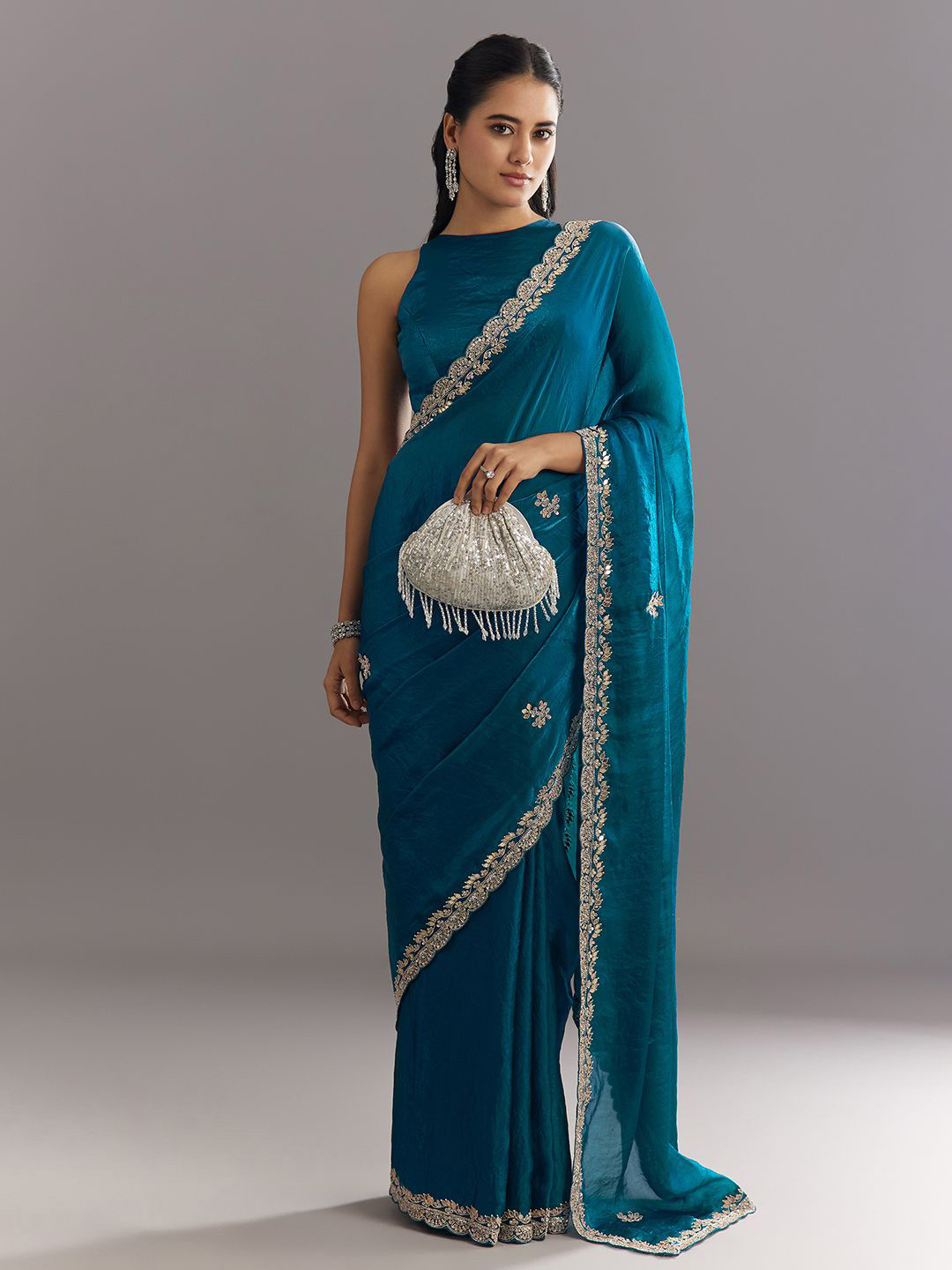 KALKI Fashion Satin Saree With Gota Patti Embroidery And Scallop Border