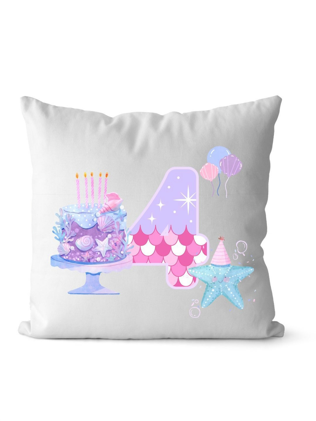 Loops n knots White & Purple Fun 4th Birthday Printed Pre-Filled Cushion