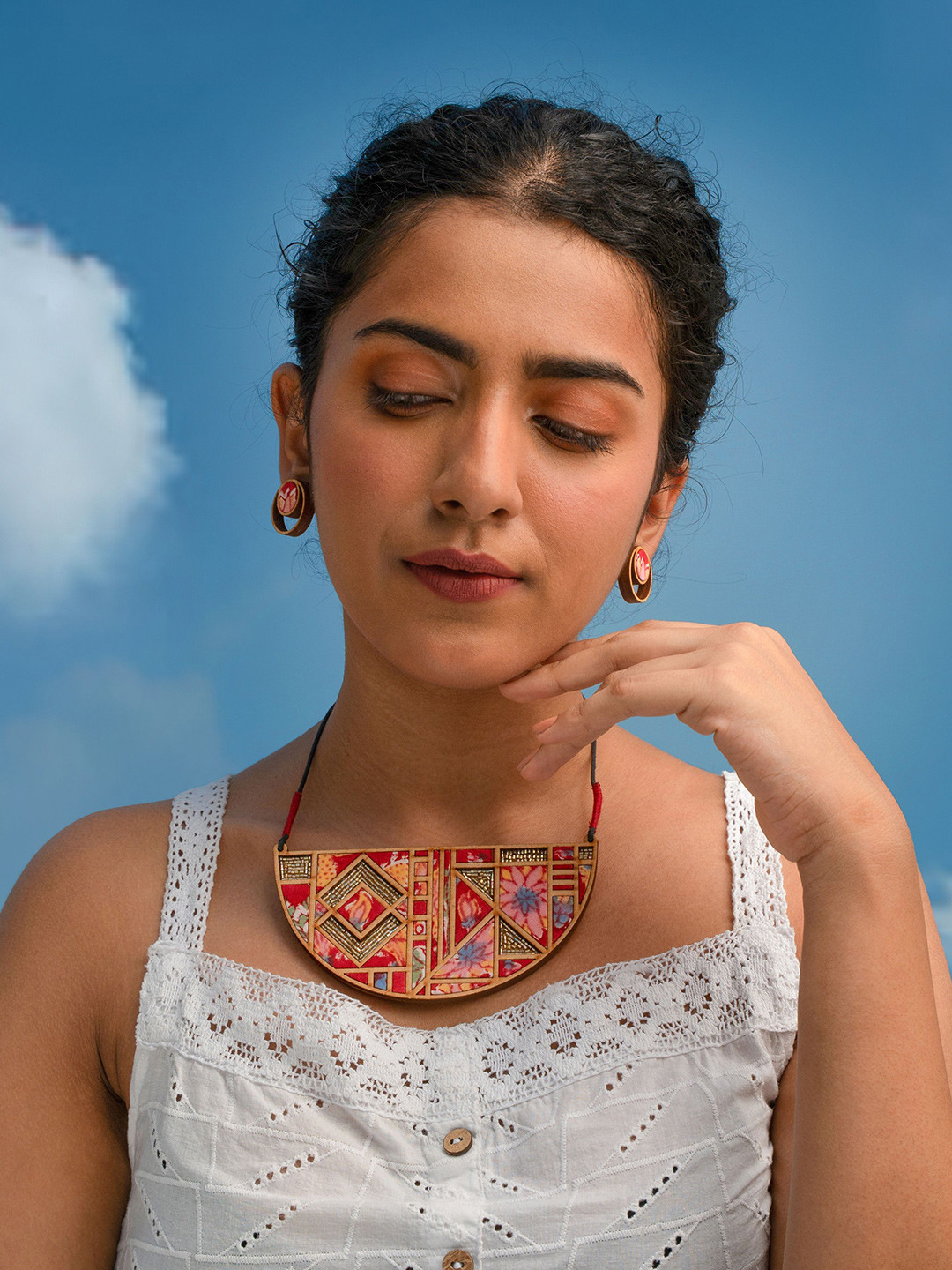 WHE Floral Half Moon Multicolor Repurposed Fabric and Wood Necklace