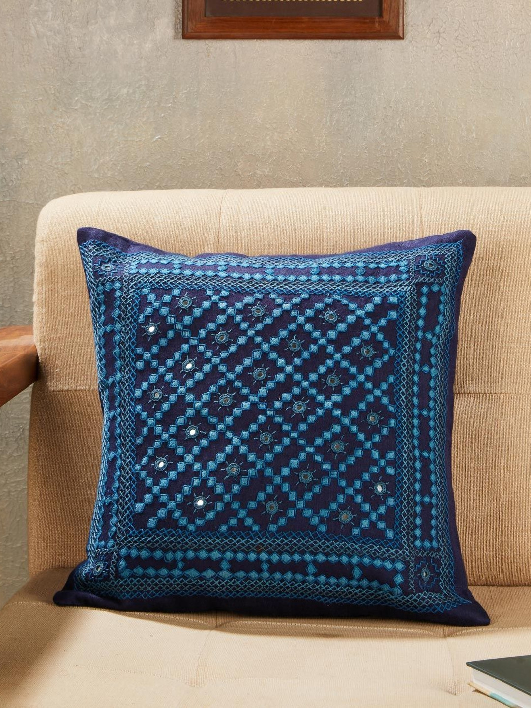 Fabindia Nayantara Blue & White Embroidered Cotton Square Cushion Cover