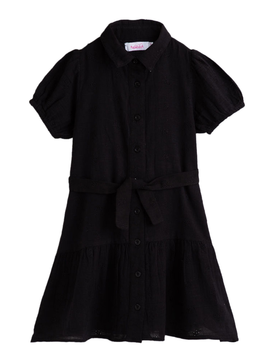 Hopscotch Girls Schiffli Pure Cotton Drop-Waist Puff Sleeve Dress