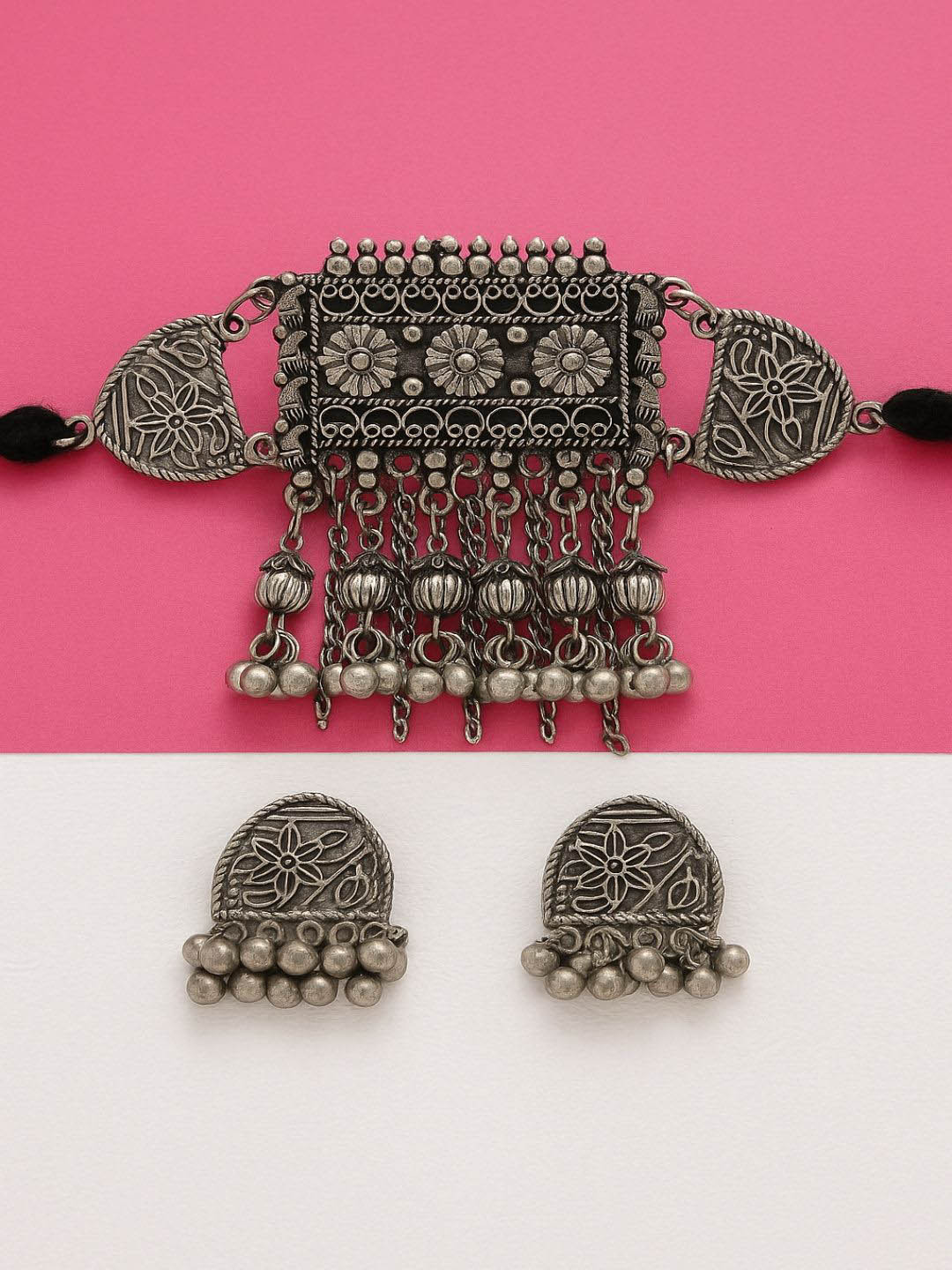 Oxicraft Sliver Plated Ghungroo Beaded Oxidised Jewellery Set