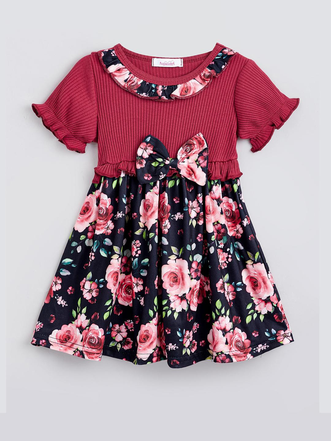 Hopscotch Girls Floral Print Puff Sleeve Fit & Flare Frock