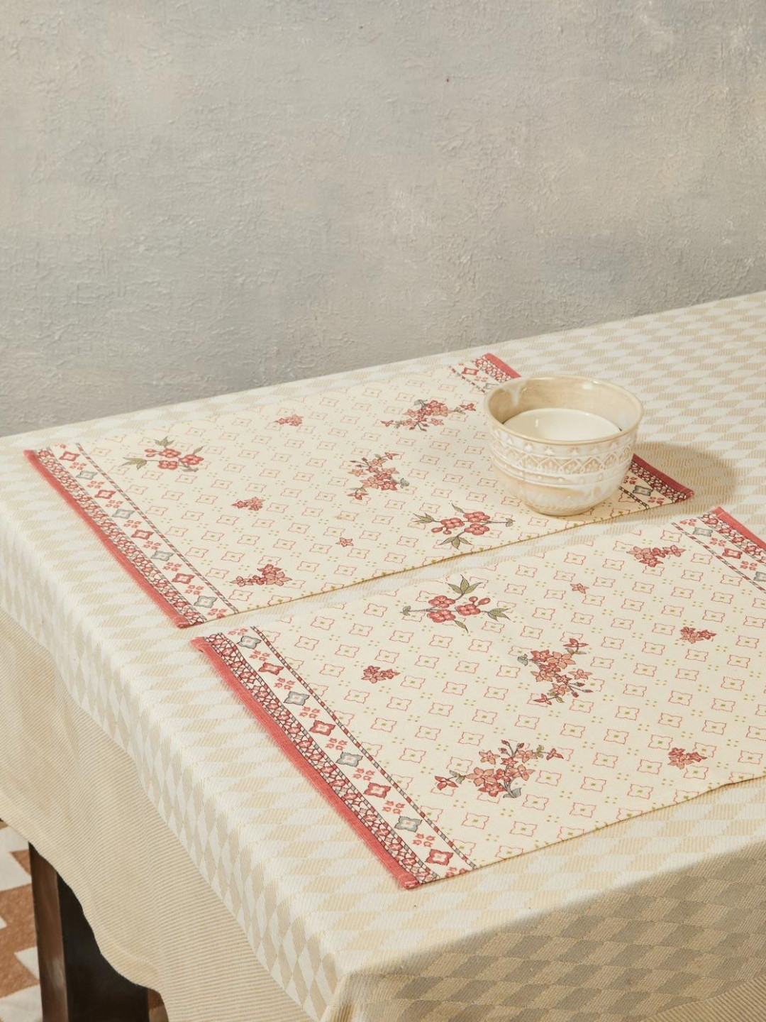 Fabindia Sienna Pink & White 6 Pieces Printed Cotton Rectangle Table Placemats