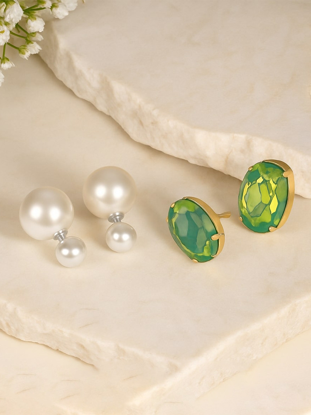 MANSIYAORANGE Korean Set Of 2 Gold-Plated Pearls Studded Spherical Double Sided Studs