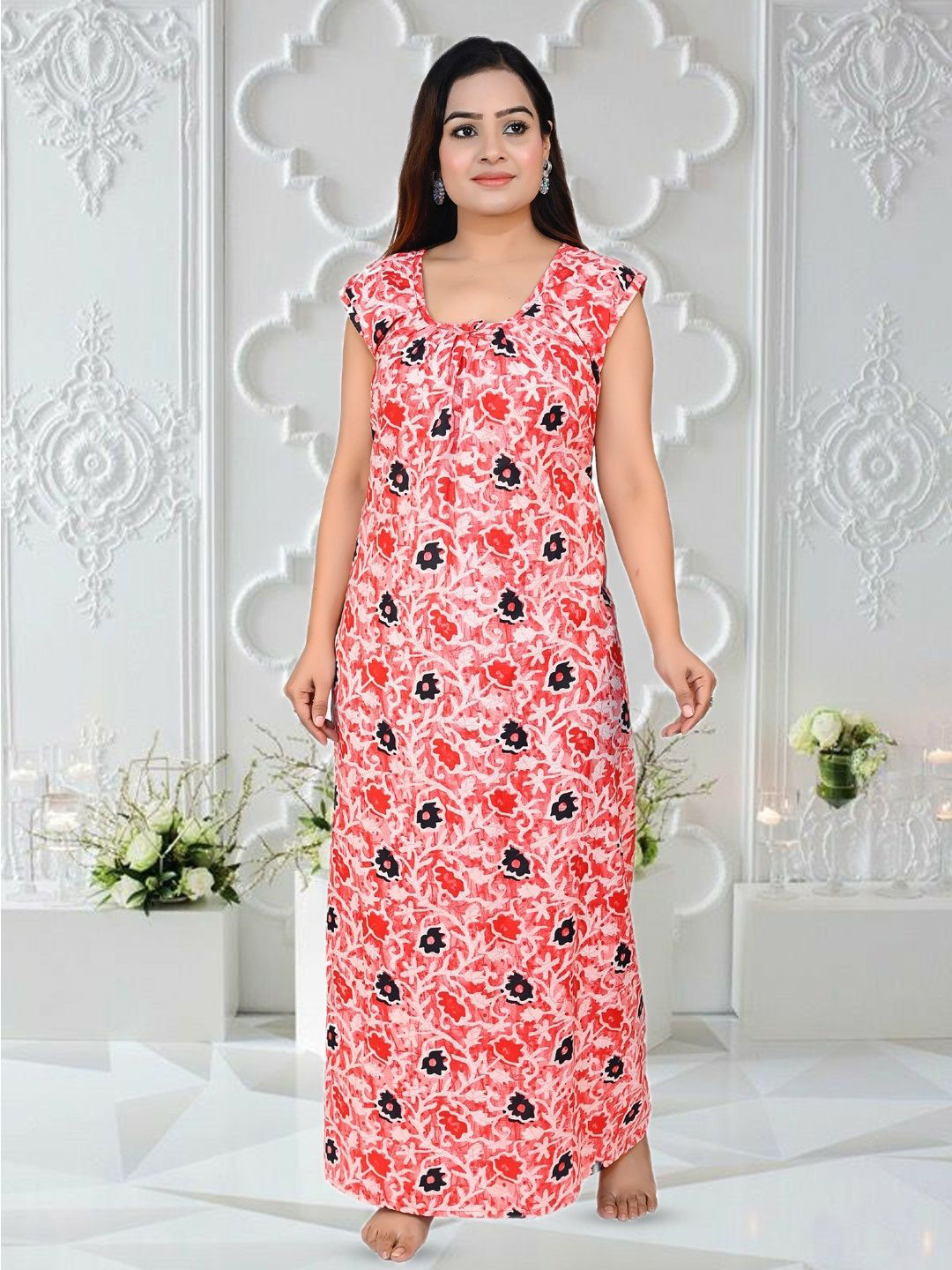 ANKONA Women Floral Printed Cotton Sleeveless Maxi Nightdress with Side Pocket