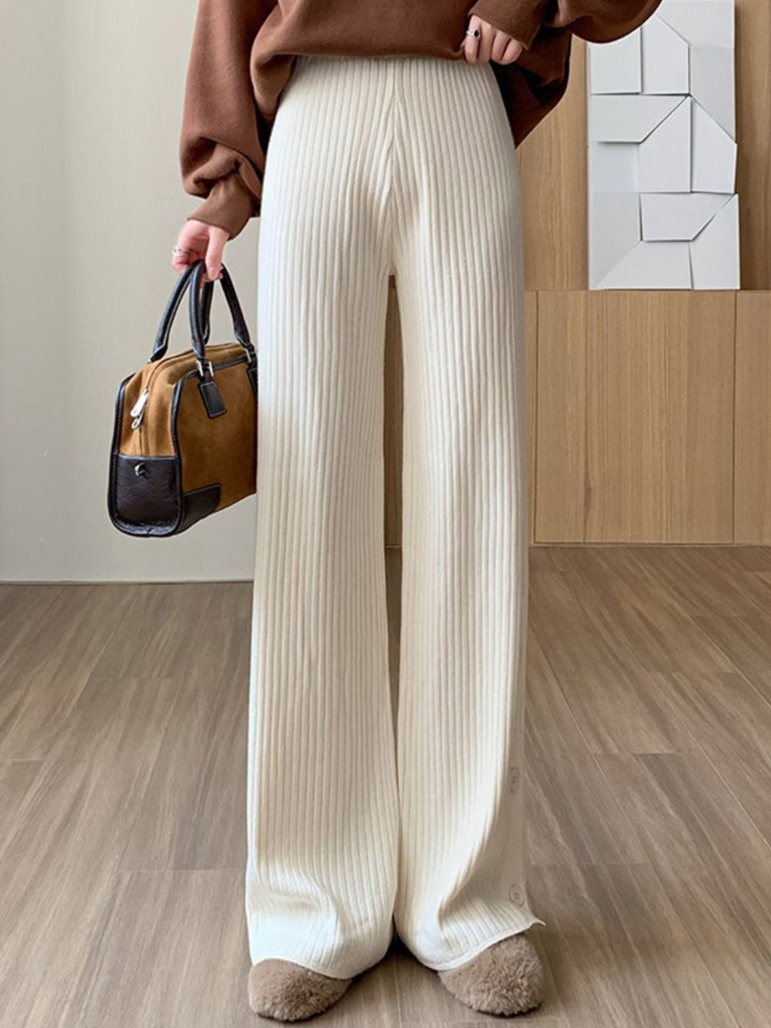bebe Women Ribbed Knitted Flared Trousers With Side Buttons