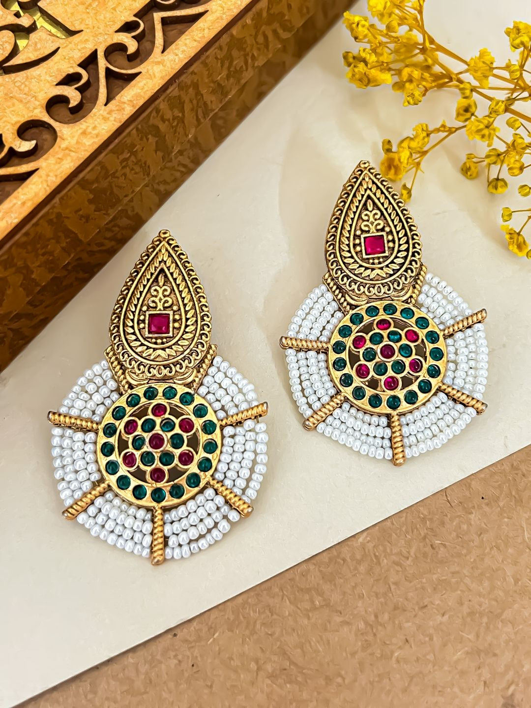 Zeviel Gold-Plated Stones Studded & Beaded Antique Teardrop Shaped Drop Earrings