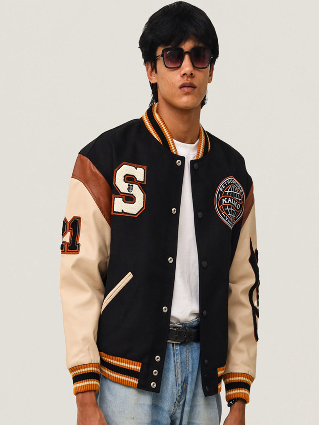 KALICO Embroidered Mandarin Collar Woollen Varsity Jacket