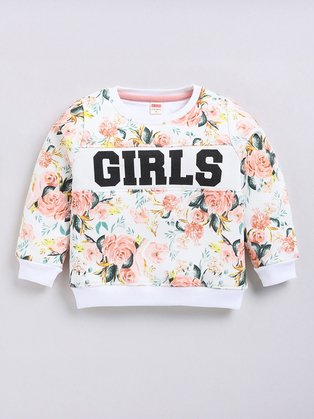 Hopscotch Girls Floral Printed Round Neck Long Sleeves Cotton Sweatshirt