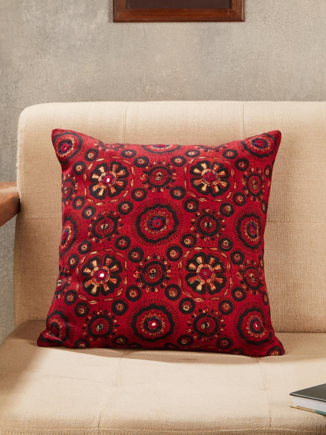Fabindia Chavi Ajrakh Red & Beige Embroidered Square Cushion Cover