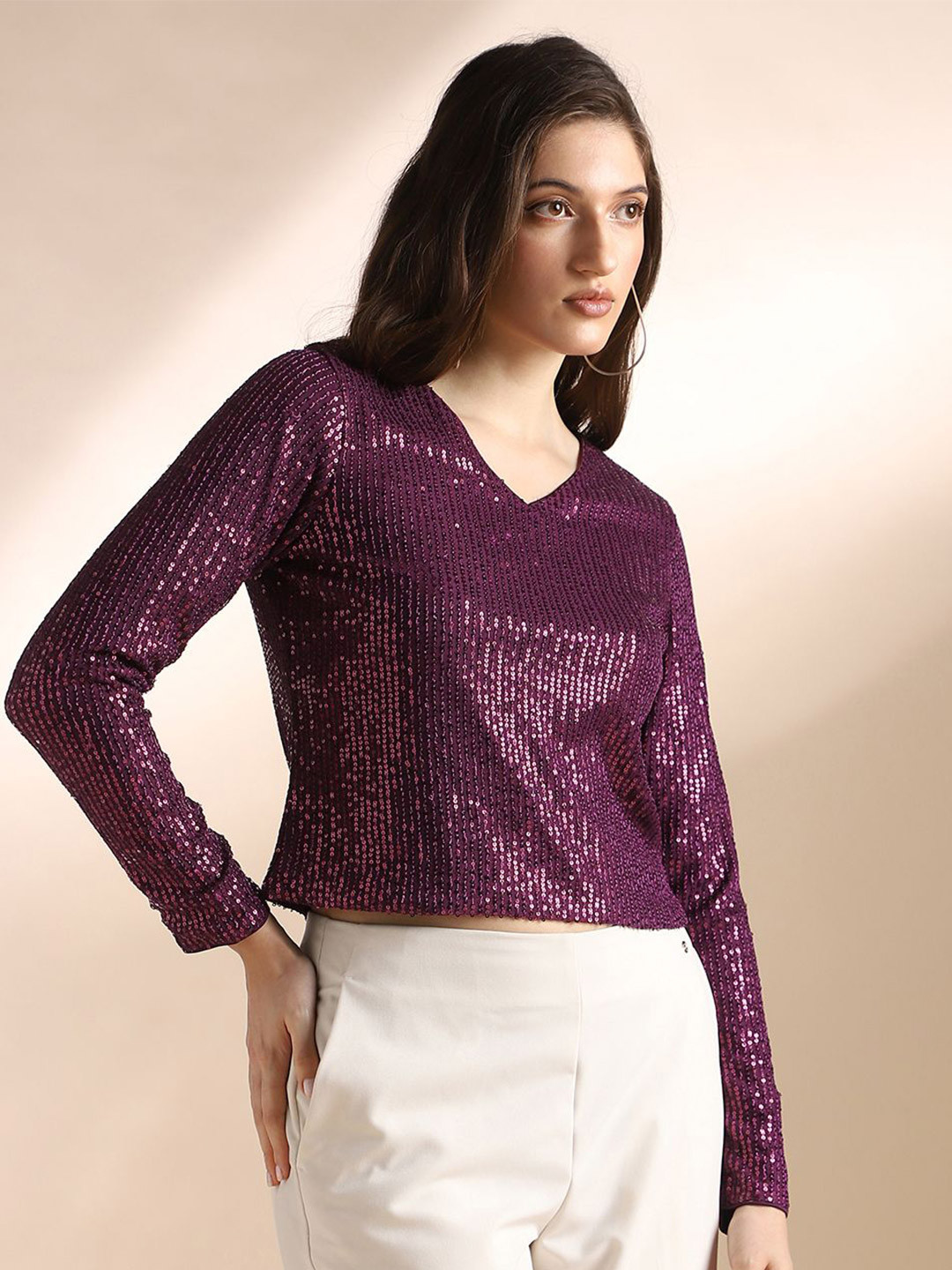 Globus Women Burgundy V-Neck Long Sleeves Sequin Embellished Top