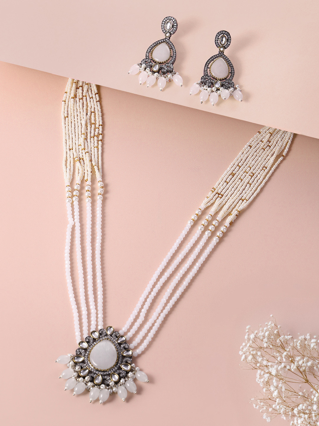 Peora Gold Plated Kundan Pearl Long Necklace & Earrings Jewellery Set