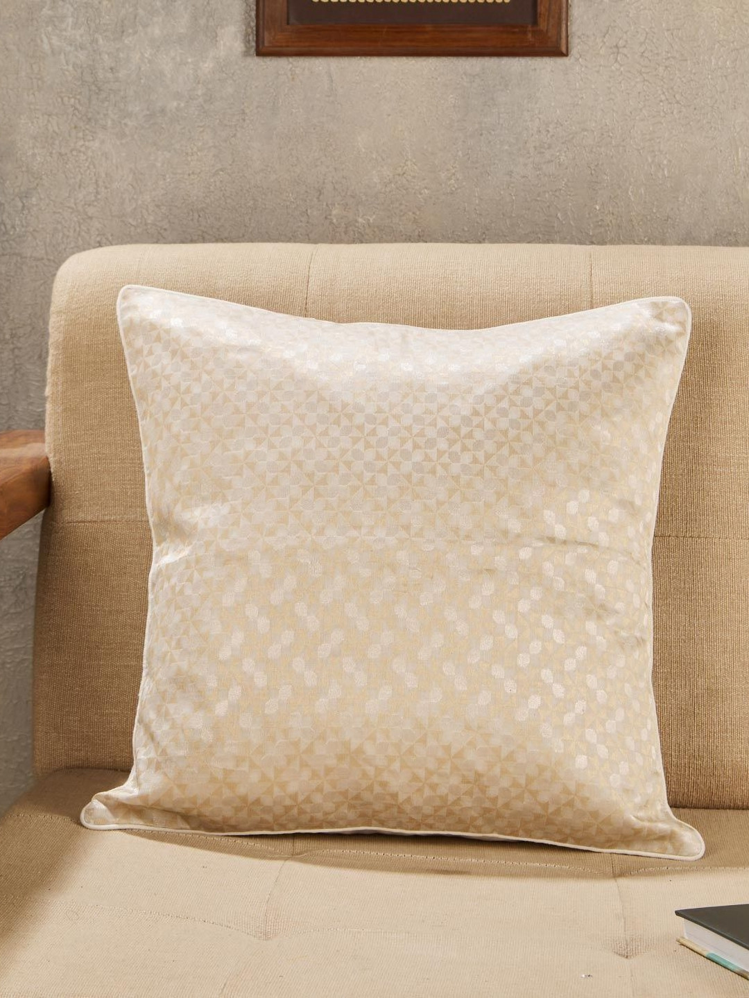 Fabindia Jalsa Off White & Beige Self Design Cotton Silk Square Cushion Cover