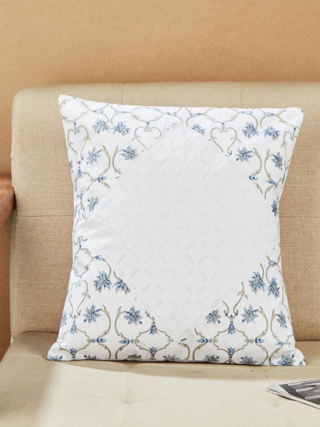 Fabindia Asta White & Blue Embroidered Cotton Square Cushion Cover