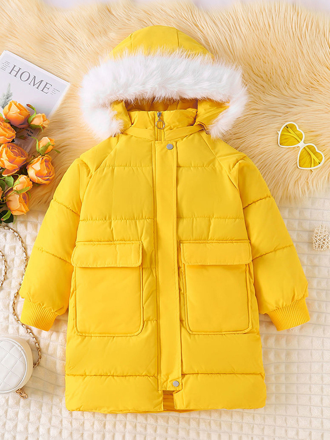 Hopscotch Yellow Hooded Quilted Full-Sleeve Long Puffer Jacket