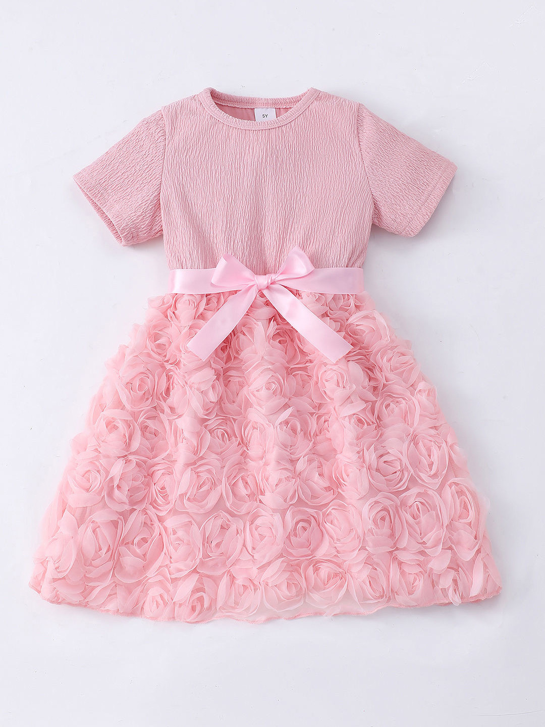 Hopscotch Girls Pink Solid & 3D Rose Applique Fit & Flare Dress
