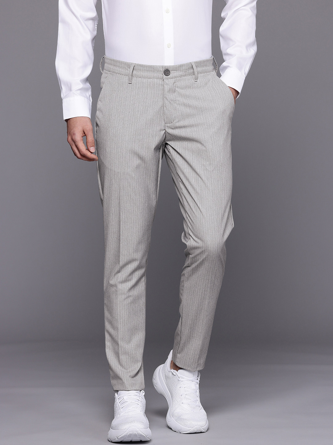 Louis Philippe Ath.Work Men Striped Comfy Tapered Fit Smart Casual Trousers