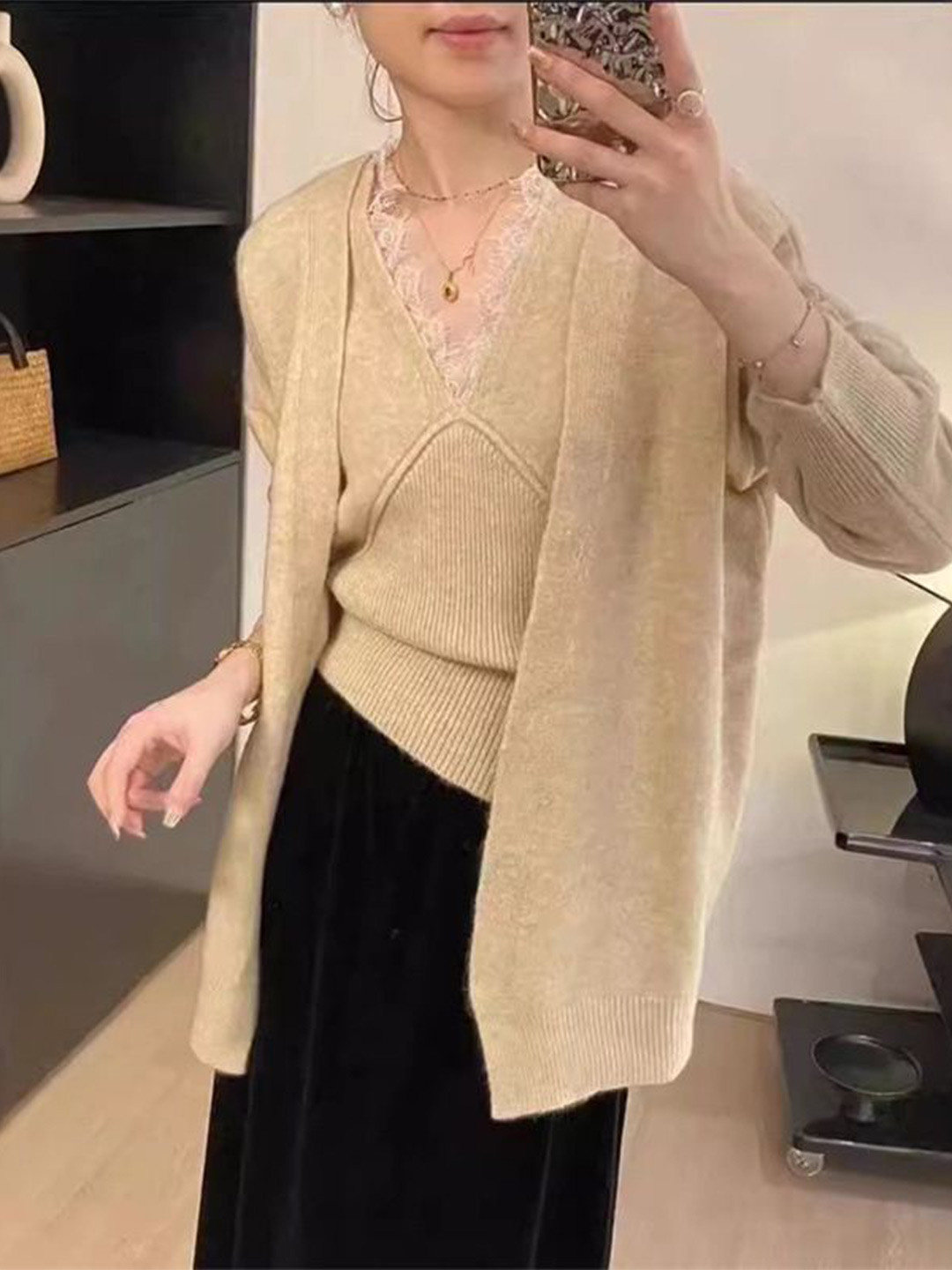 bebe V-Neck Lace Trim Vest and Cardigan