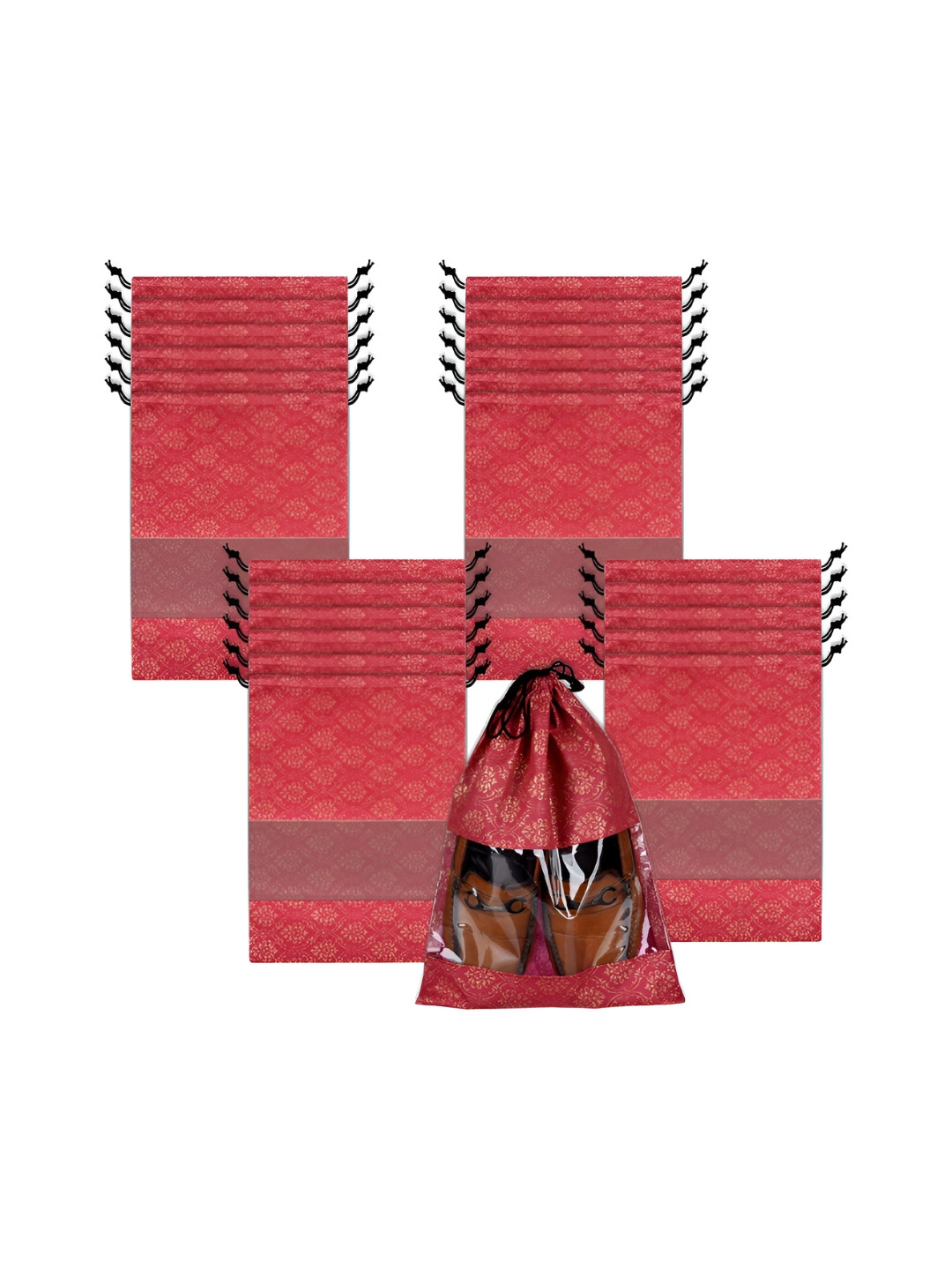 Aura Maroon & Beige 24 Pieces Printed Shoe Bags With Transparent Windows